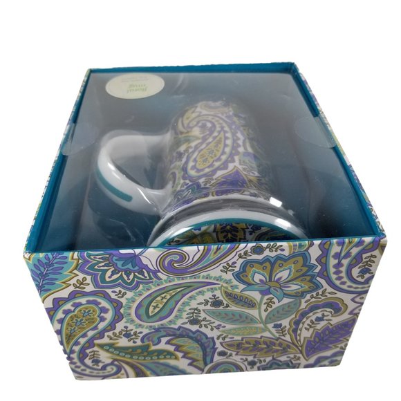 Lidded Tall 8oz Coffee Mug Gift Box Porcelain Blue/Yellow Paisley Floral B&N Mug - Picture 9 of 12
